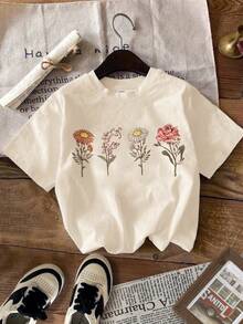 SHEIN LMoss Kids Tween Girls' Casual Minimalist Short Sleeve Crew Neck T-Shirt, Suitable For Spring/Summer - Beige - View 5