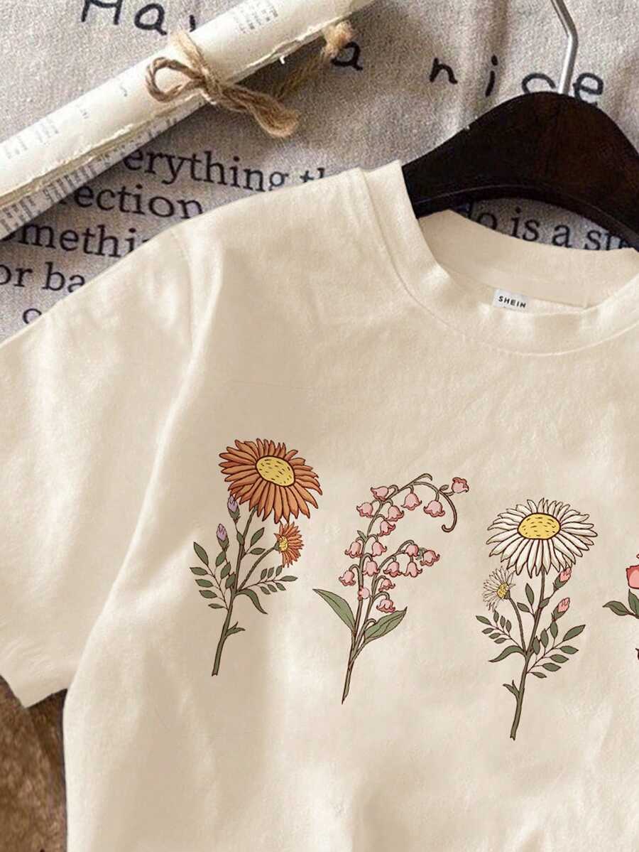 SHEIN LMoss Kids Tween Girls' Casual Minimalist Short Sleeve Crew Neck T-Shirt, Suitable For Spring/Summer - Beige - View 1