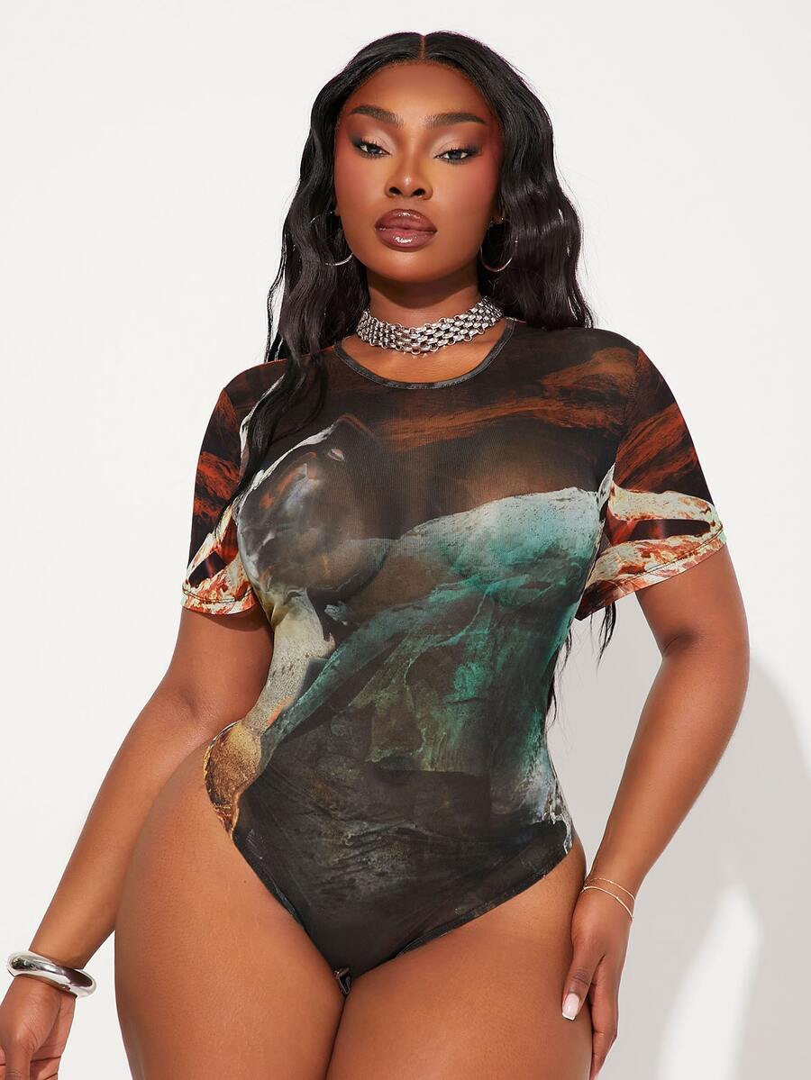 Radiana Plus Size Summer Fashion Printed Short Sleeve Bodysuit Date Night Rave Black Sexy Country - Multicolor - View 1