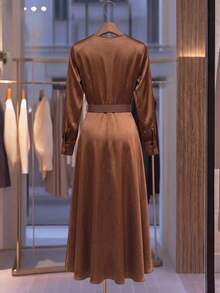 INAWLY Women's Vintage Elegant V-Neck Button Waist Belt Long Dress Dinner Office Coffee Brown Fall - Brown - View 2