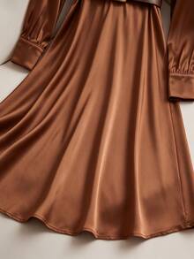 INAWLY Women's Vintage Elegant V-Neck Button Waist Belt Long Dress Dinner Office Coffee Brown Fall - Brown - View 5