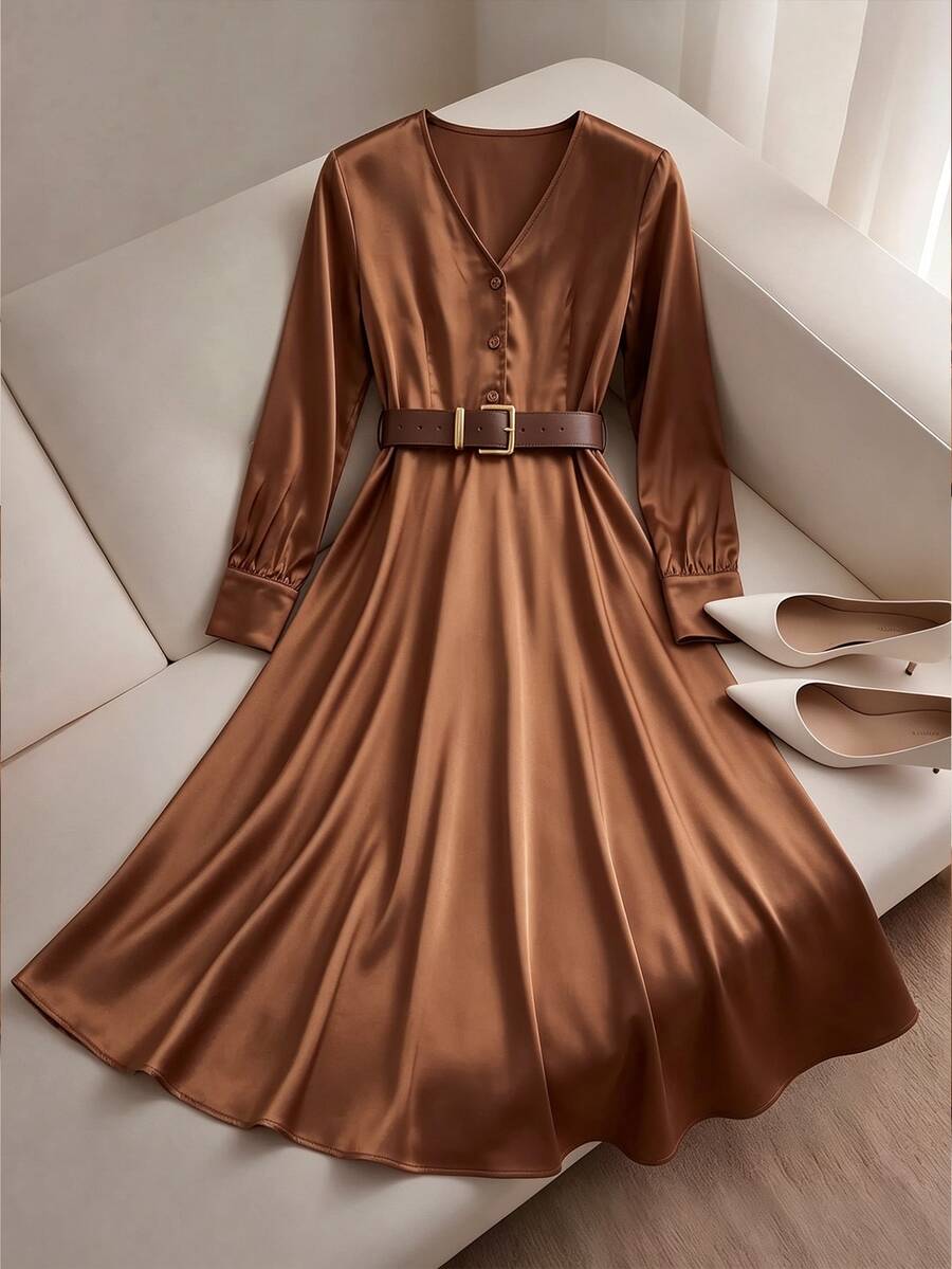 INAWLY Women's Vintage Elegant V-Neck Button Waist Belt Long Dress Dinner Office Coffee Brown Fall - Brown - View 1