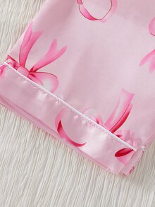 Girls Pajamas Cute Pink Striped Bear Bow Print Soft Satin Long Sleeve Cardigan Pants 2 Pieces Set Loungewear Fall Autumn/Winter Cozy Nightwear Fairy - Hot Pink - View 8