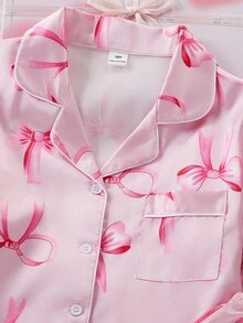 Girls Pajamas Cute Pink Striped Bear Bow Print Soft Satin Long Sleeve Cardigan Pants 2 Pieces Set Loungewear Fall Autumn/Winter Cozy Nightwear Fairy - Hot Pink - View 4
