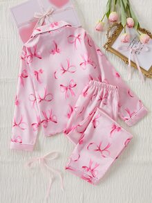 Girls Pajamas Cute Pink Striped Bear Bow Print Soft Satin Long Sleeve Cardigan Pants 2 Pieces Set Loungewear Fall Autumn/Winter Cozy Nightwear Fairy - Hot Pink - View 2