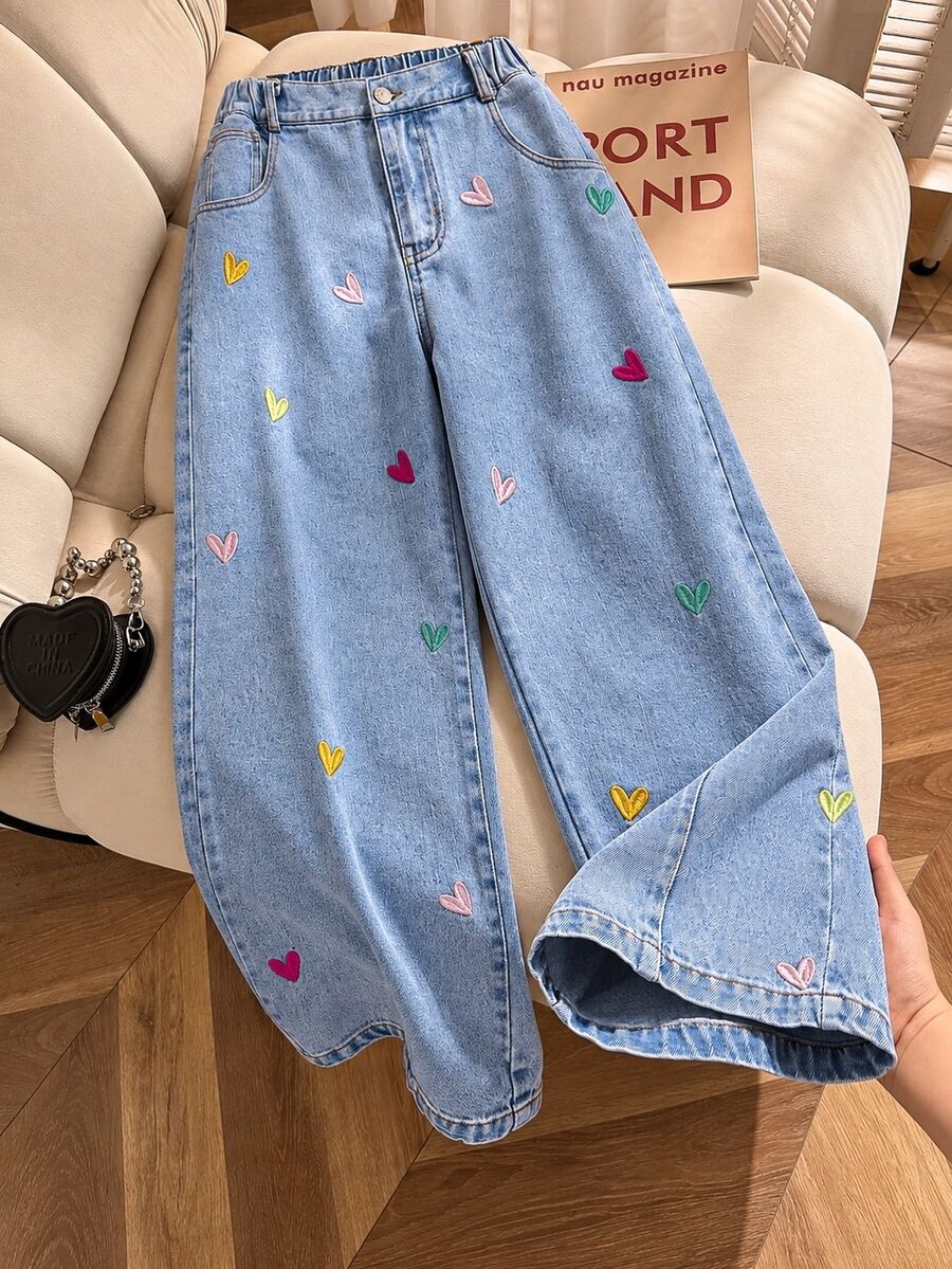 SHEIN ChillGRL Tween Girls Jeans Fashion Snowflake Wash Distressed Embroidered Wide Leg Denim Pants Heart Embroidery Colorful Light Blue Christmas New Year School