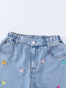 SHEIN ChillGRL Tween Girls Jeans Fashion Snowflake Wash Distressed Embroidered Wide Leg Denim Pants Heart Embroidery Colorful Light Blue Christmas New Year School - Blue - View 9