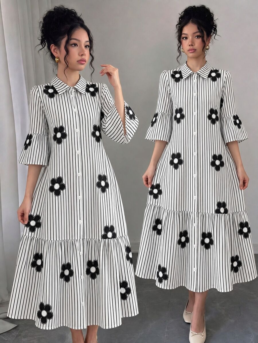 SHEIN 青少年女孩可愛夏季黑白條紋襯衫迷你洋裝,適合學校正式場合、優雅派對、舞會、度假、假日,可愛休閒穿搭 - 彩色 - 查看 1