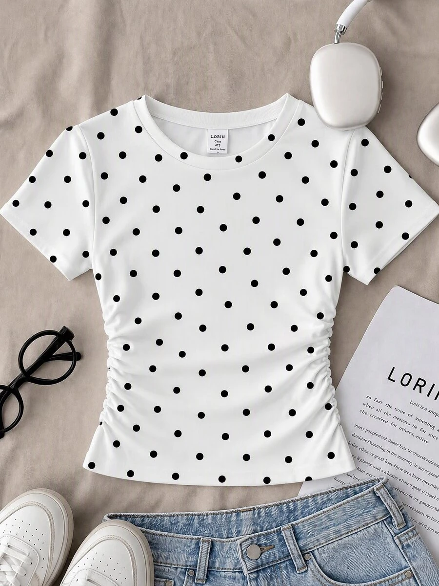 SHEIN Sparklyn 女童休闲百搭日常T恤，波点印花圆领修身短袖上衣