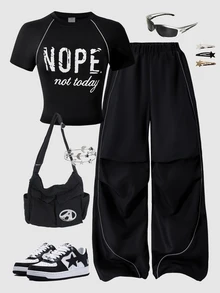 SHEIN 青少年女孩 2件組 短袖圓領黑色夏季街頭風寬鬆 Y2K 度假休閒 T恤與長褲套裝 白色星星印花 六年級正式款 - 黑色 - 查看 6