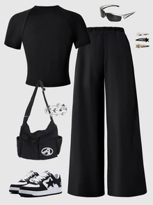 SHEIN 青少年女孩 2件組 短袖圓領黑色夏季街頭風寬鬆 Y2K 度假休閒 T恤與長褲套裝 白色星星印花 六年級正式款 - 黑色 - 查看 3