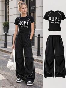 SHEIN 青少年女孩 2件組 短袖圓領黑色夏季街頭風寬鬆 Y2K 度假休閒 T恤與長褲套裝 白色星星印花 六年級正式款 - 黑色 - 查看 2