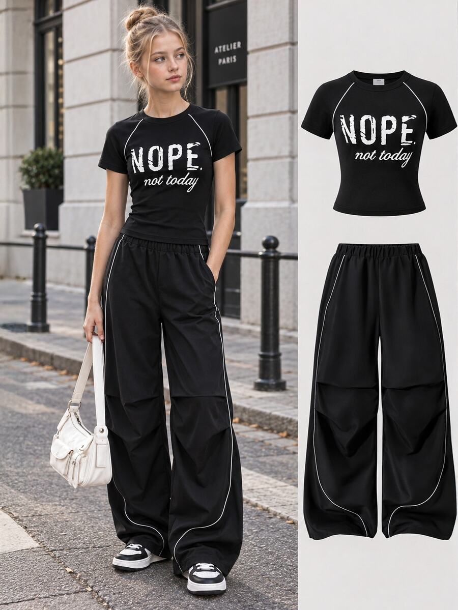 SHEIN 青少年女孩 2件組 短袖圓領黑色夏季街頭風寬鬆 Y2K 度假休閒 T恤與長褲套裝 白色星星印花 六年級正式款