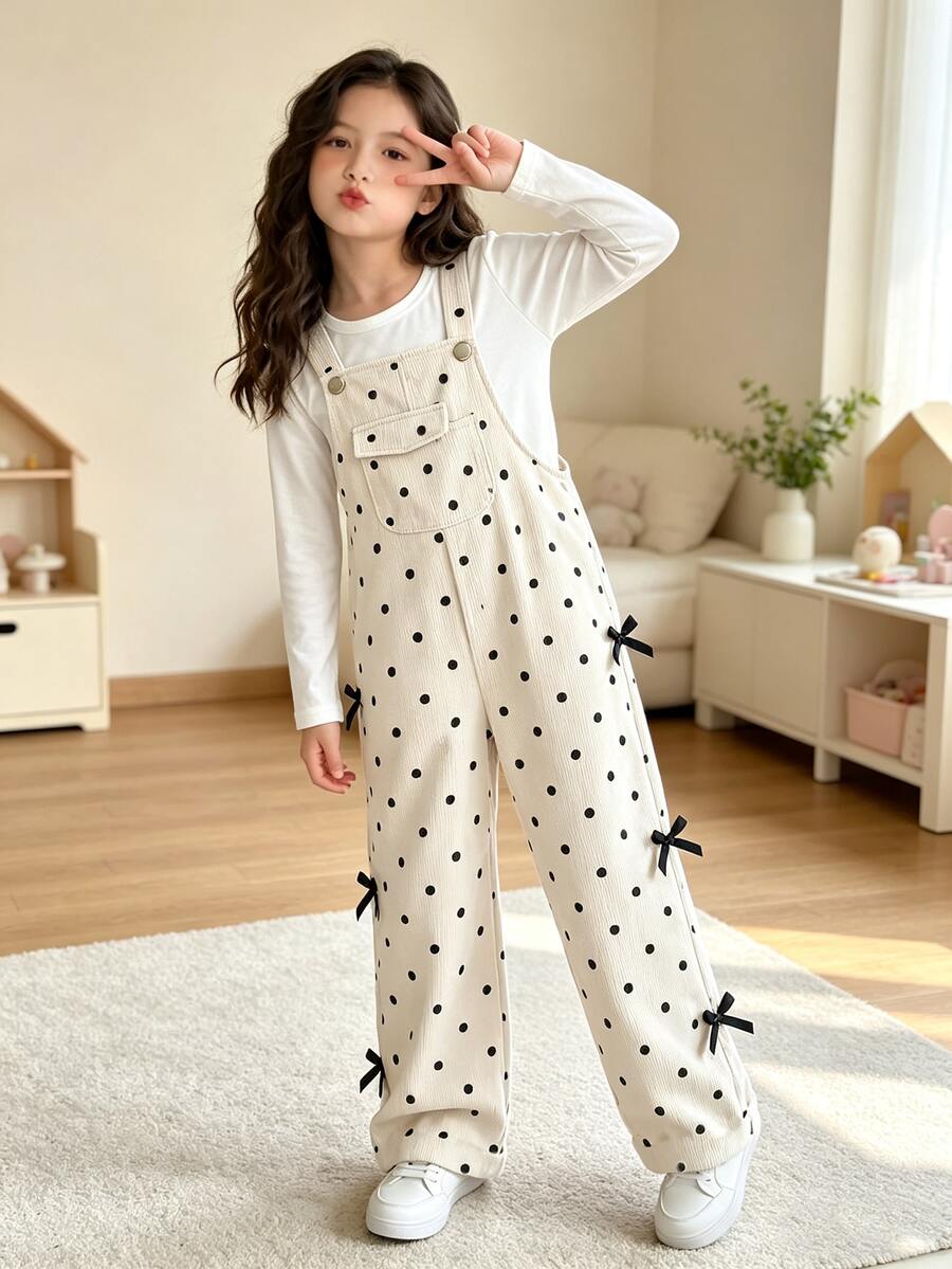 青少年女孩抓絨秋季服飾 燈芯絨吊帶褲 全季新款 杏色 前口袋設計 黑色蝴蝶結裝飾 秋冬款 - 白色 - 查看 1