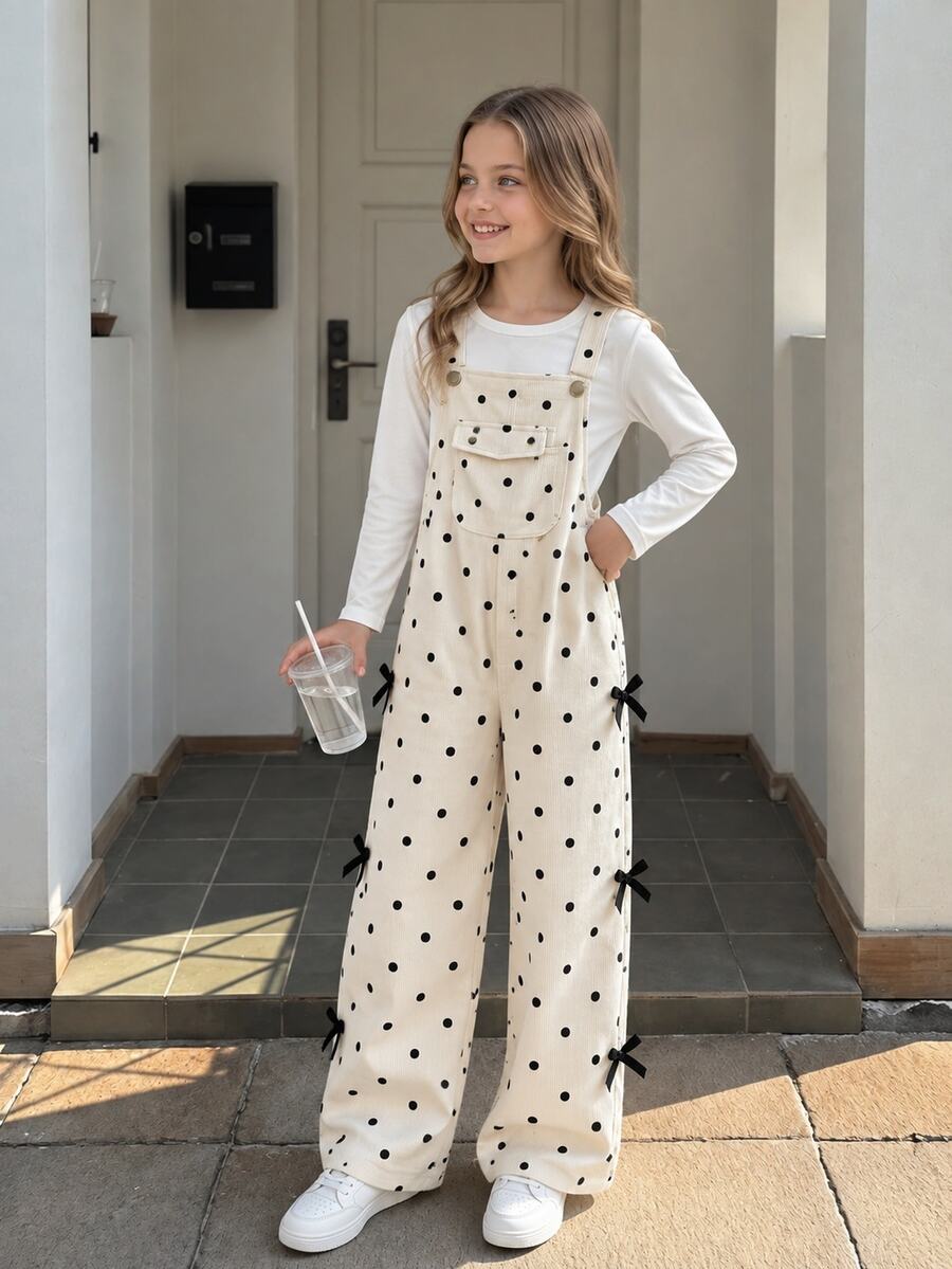 Tween Girl Fleece Fall Clothes Fall Corduroy Overalls, New All-Season Style, Apricot Color, Front Patch Pocket Design, Black Bow Accent Autumn Winter - White - View 1