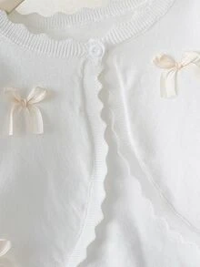 SHEIN 女童白色滿版短版針織開襟衫，蕾絲飾邊、圓領、長袖、蝴蝶結裝飾，百搭秋季披肩式毛衣外套，可愛校園正式風 - 白色 - 查看 6