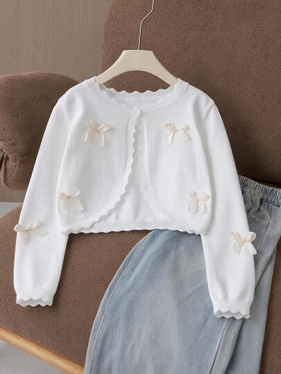 SHEIN Girls' Allover White Short Knit Cardigan With Lace Trim, Round Neck, Long Sleeves, Bow Decor, Versatile Spring/Autumn Shawl Sweater Jacket Cute