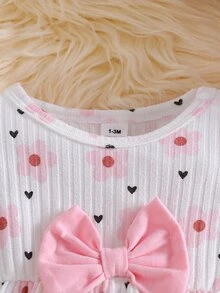 SHEIN Newborn Spring/Autumn Light Pink Heart Print Top With Bow Knot Decor Pure Long Pants 2 Pieces Set Suitable For Outings Sports Family Matching Cute - Baby Pink - View 8