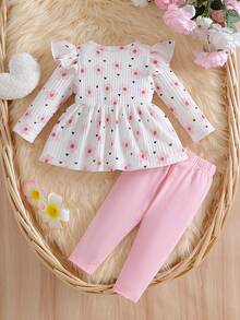 SHEIN Newborn Spring/Autumn Light Pink Heart Print Top With Bow Knot Decor Pure Long Pants 2 Pieces Set Suitable For Outings Sports Family Matching Cute - Baby Pink - View 3