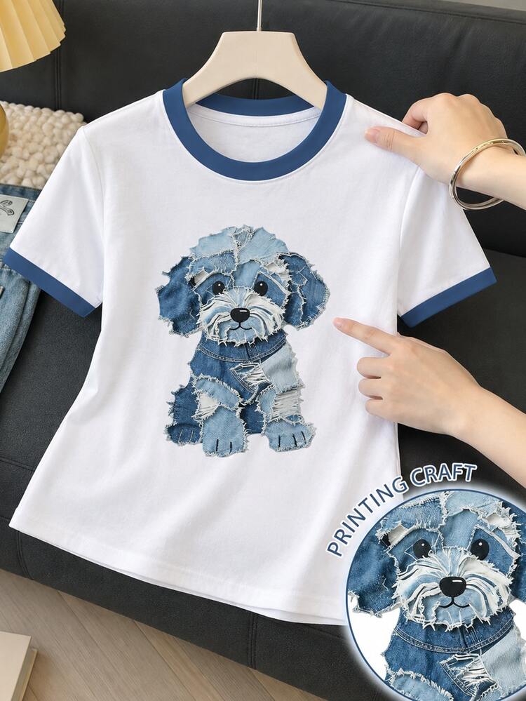Teen Girls' White Summer Cute Beach School Sixth Form Blue Puppy Cartoon Dogs Graphic Tee, Casual Everyday All-Match Short Sleeve T-Shirt, 13Y-16Y - White - View 3