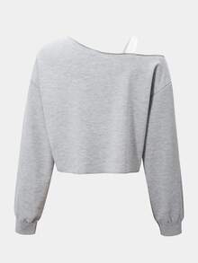 SHEIN Teen Girls Autumn Clothes Casual Baggy Streetwear Asymmetrical Long Sleeve Sweatshirt Outfit Back To School Sixth Form Grey Beach Party White - Grey - View 3