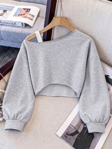 SHEIN Teen Girls Autumn Clothes Casual Baggy Streetwear Asymmetrical Long Sleeve Sweatshirt Outfit Back To School Sixth Form Grey Beach Party White - Grey - View 2