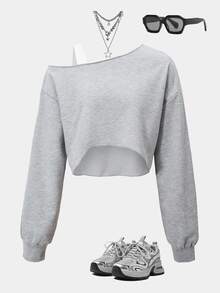 SHEIN Teen Girls Autumn Clothes Casual Baggy Streetwear Asymmetrical Long Sleeve Sweatshirt Outfit Back To School Sixth Form Grey Beach Party White - Grey - View 4