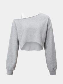 SHEIN Teen Girls Autumn Clothes Casual Baggy Streetwear Asymmetrical Long Sleeve Sweatshirt Outfit Back To School Sixth Form Grey Beach Party White - Grey - View 5