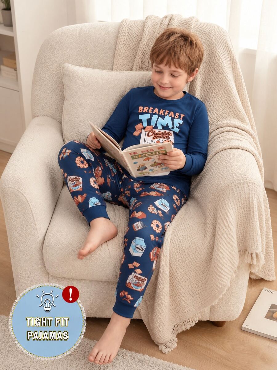 Boys Navy Blue Star Long Sleeve Top Pants 2-Piece Set, Snug Fit Loungewear Pajama Crew Neck Knit Cartoon Elastic Fall Autumn/Winter Soft Cozy Cute - Navy Blue - View 1