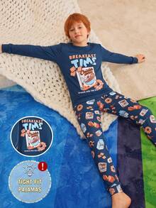 Boys Navy Blue Star Long Sleeve Top Pants 2-Piece Set, Snug Fit Loungewear Pajama Crew Neck Knit Cartoon Elastic Fall Autumn/Winter Soft Cozy Cute - Navy Blue - View 3