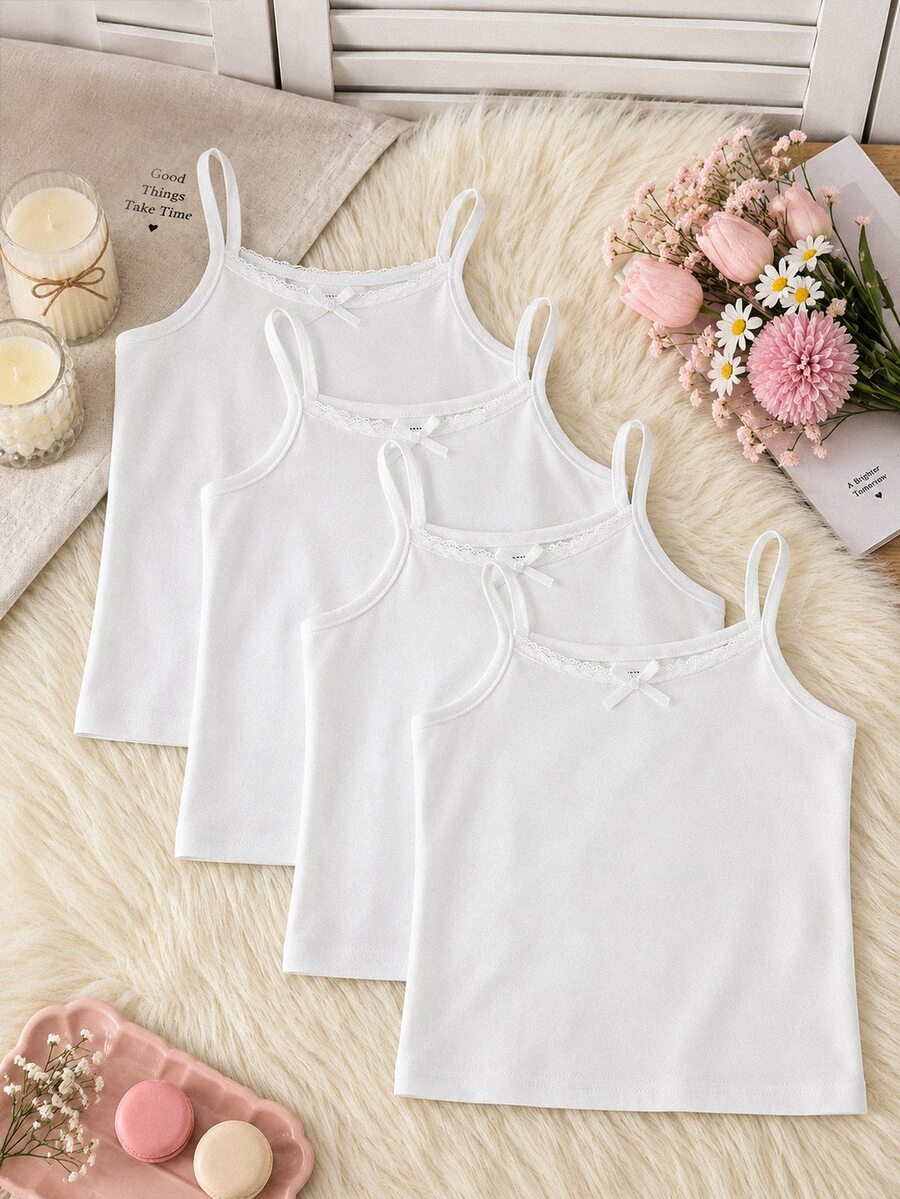 4pcs Young Girl Elegant Baby Lace Collar Insert Bow Decor Cami Tank Top Underwear Set, Suitable For Outerwear Back To School Fashion Winter White - White - View 1