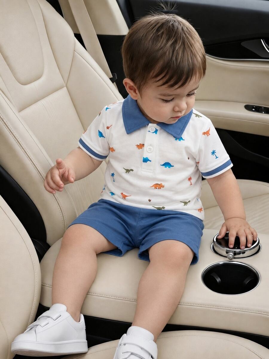 Souflis Souflis 0-3 Years Boys Dinosaur Print Lapel Comfortable Fabric Back To School Holiday Beach Summer Vacation White Slate Blue Cute Tropical Light Blue Animal