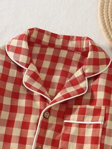 2pcs Baby Boy Plaid Pattern Wooden Button Collar Cardigan Pants Pajama Set Fall Autumn/Winter Sleep Home Family Matching Night Red Plaid Cute Funny - Red - View 5