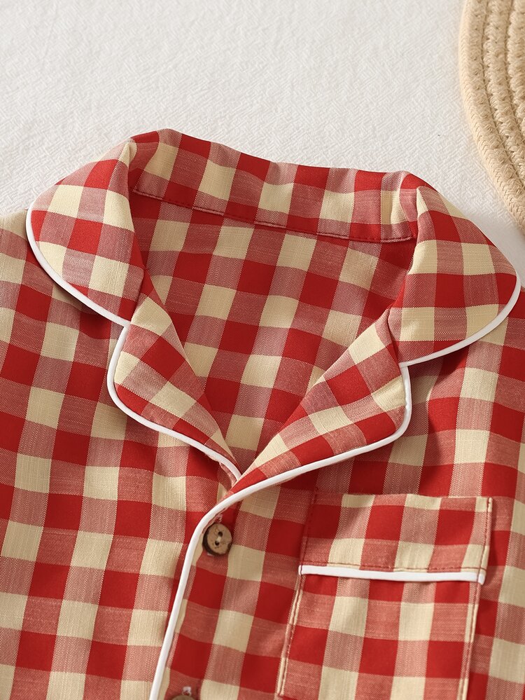 2pcs Baby Boy Plaid Pattern Wooden Button Collar Cardigan Pants Pajama Set Fall Autumn/Winter Sleep Home Family Matching Night Red Plaid Cute Funny - Red - View 5