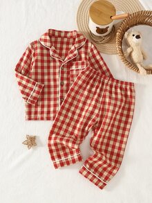 2pcs Baby Boy Plaid Pattern Wooden Button Collar Cardigan Pants Pajama Set Fall Autumn/Winter Sleep Home Family Matching Night Red Plaid Cute Funny - Red - View 4