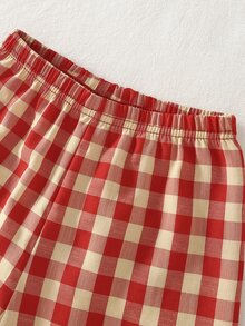 2pcs Baby Boy Plaid Pattern Wooden Button Collar Cardigan Pants Pajama Set Fall Autumn/Winter Sleep Home Family Matching Night Red Plaid Cute Funny - Red - View 6