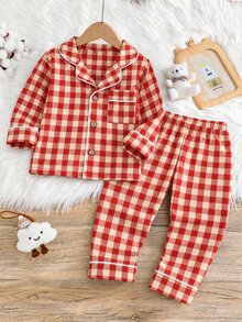 2pcs Baby Boy Plaid Pattern Wooden Button Collar Cardigan Pants Pajama Set Fall Autumn/Winter Sleep Home Family Matching Night Red Plaid Cute Funny - Red - View 1