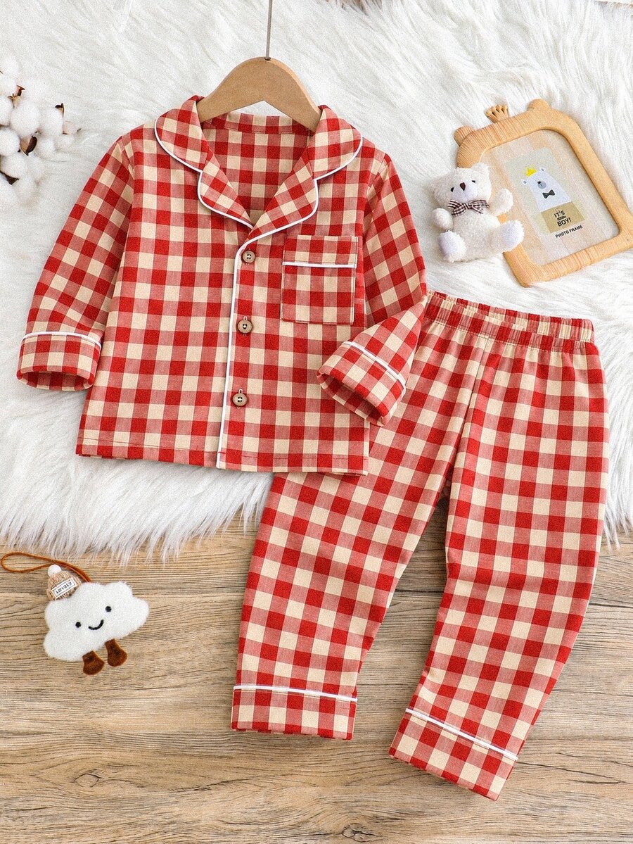 2pcs Baby Boy Plaid Pattern Wooden Button Collar Cardigan Pants Pajama Set Fall Autumn/Winter Sleep Home Family Matching Night Red Plaid Cute Funny - Red - View 1