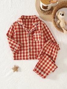 2pcs Baby Boy Plaid Pattern Wooden Button Collar Cardigan Pants Pajama Set Fall Autumn/Winter Sleep Home Family Matching Night Red Plaid Cute Funny - Red - View 3
