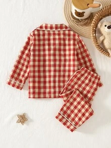 2pcs Baby Boy Plaid Pattern Wooden Button Collar Cardigan Pants Pajama Set Fall Autumn/Winter Sleep Home Family Matching Night Red Plaid Cute Funny - Red - View 2