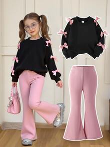 SHEIN Elladie kids Tween Girls Striped Bow Decor 2-Piece Outfit, Waffle Knit Long Sleeve Top & Ribbed Flare Pants Set - Multicolor - View 4