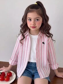 SHEIN Genkimix Kids 女童刺繡圖案運動衫上衣 秋季夾克 2025 時尚仙女風 90年代 嬰幼兒童裝 白色時尚襯衫 開學季 - 彩色 - 查看 3