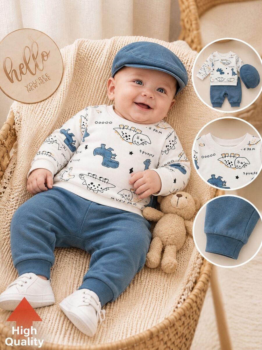 SHEIN 2pcs/Set Newborn Winter White Sky Blue Colorblock Cute Cartoon Dinosaur Print Crew Neck Sweatshirt Joggers Set Loose Comfortable Fit Nursery Funny