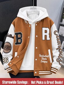 SHEIN Explorewe Teen Boy Fashion Casual Streetwear Baggy Contrast Color Patchwork Letter Print Jacket Autumn Sixth Form Party - Coffee Brown - View 1