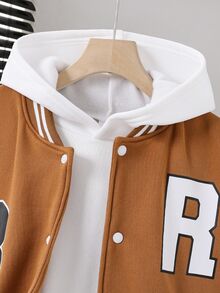 SHEIN Explorewe Teen Boy Fashion Casual Streetwear Baggy Contrast Color Patchwork Letter Print Jacket Autumn Sixth Form Party - Coffee Brown - View 7