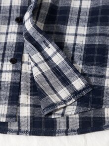 SHEIN Tween Boy Plaid Print Hooded Casual Preppy Modest Long Sleeve Shirt School White And Navy Autumn - Navy Blue - View 8