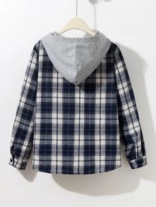 SHEIN Tween Boy Plaid Print Hooded Casual Preppy Modest Long Sleeve Shirt School White And Navy Autumn - Navy Blue - View 3