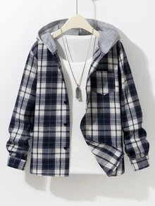 SHEIN Tween Boy Plaid Print Hooded Casual Preppy Modest Long Sleeve Shirt School White And Navy Autumn - Navy Blue - View 5
