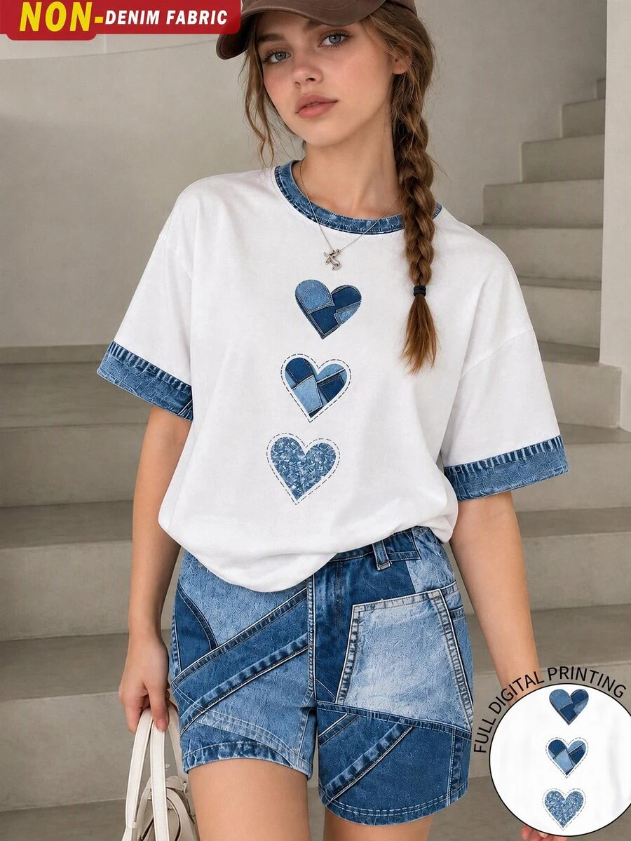 SHEIN Teen Girls Digital Heart Pattern Short Sleeve Shorts Set, Casual Streetwear Comfortable Spring/Summer Fashion, Sixth Form Party, Festival, White Blue - Multicolor - View 1