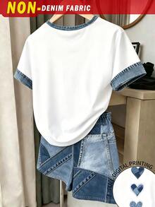 SHEIN 青少年女孩數位愛心圖案短袖短褲套裝，休閒街頭風舒適春夏時尚，適合六年級派對、節慶，白色藍色 - 彩色 - 查看 2